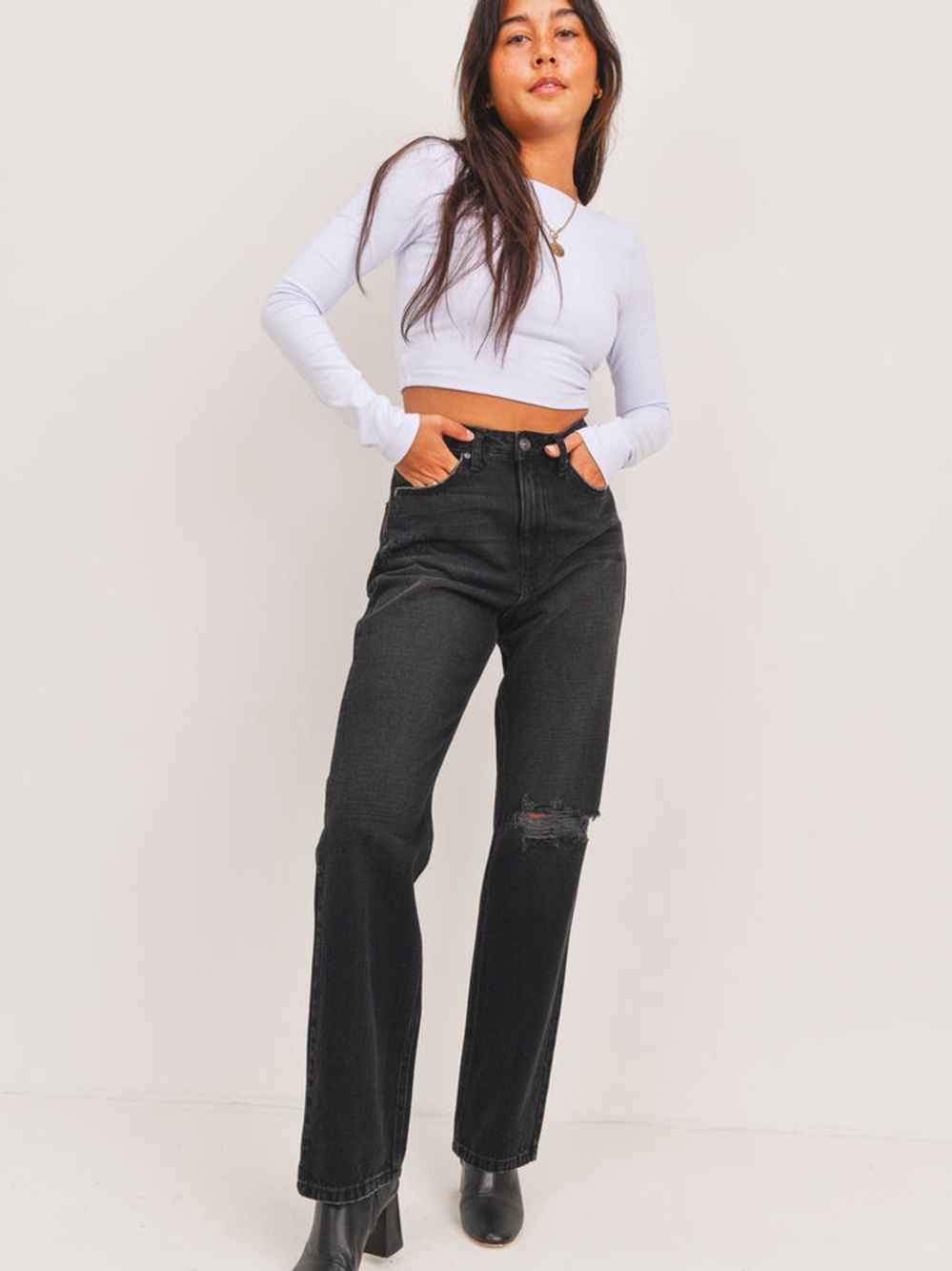 Just Black Women's Distressed Black Jeans-90s Straight